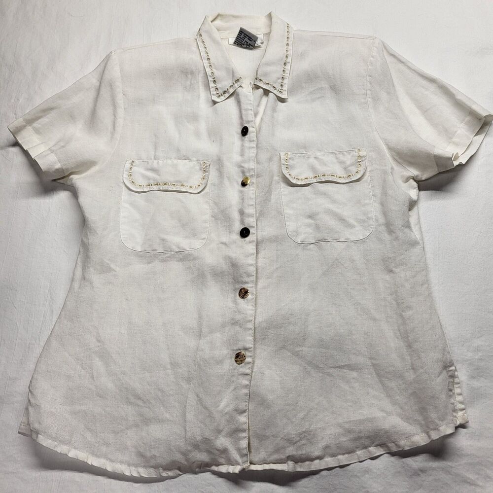 VTG CARRY BACK NEW YORK  Womens 8 Linen Short Sleeve Shirt Button Front White